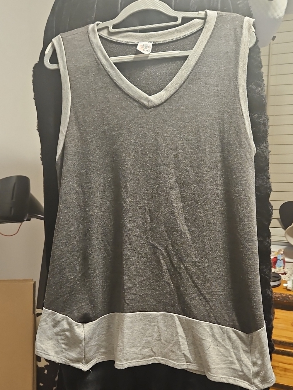 Sleeveless V-Neck Tunic Top in Dark Gray with Light Gray Trim